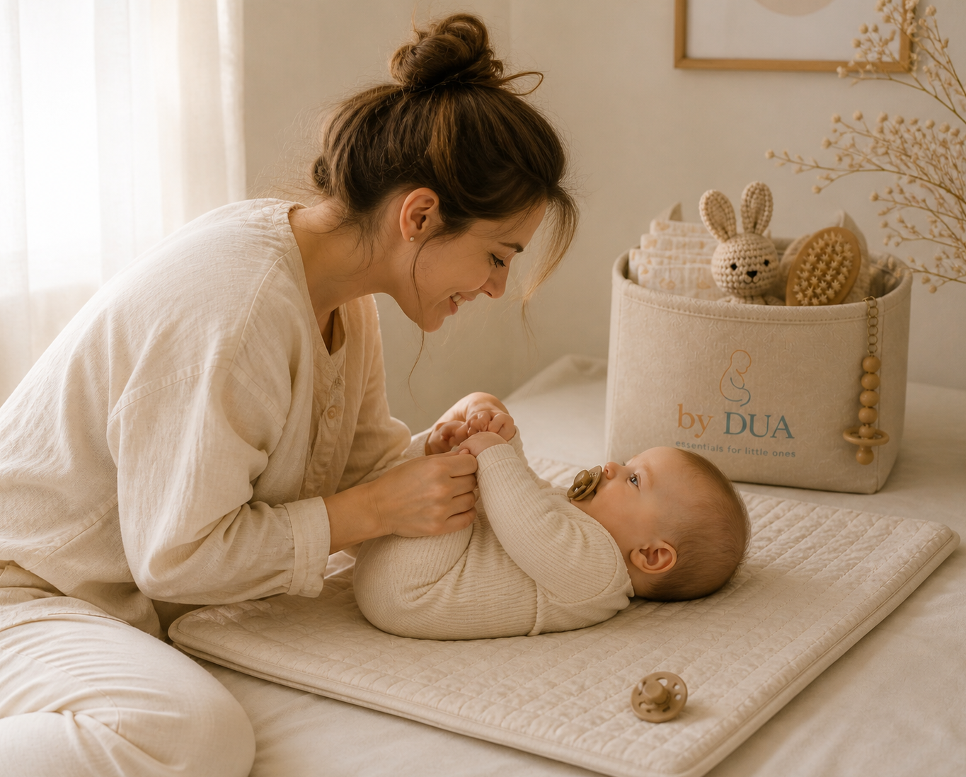 Glückliches Babys mit Babyartikeln von by DUA Glückliches Babys mit Babyartikeln von by DUA. Mama mit Baby.