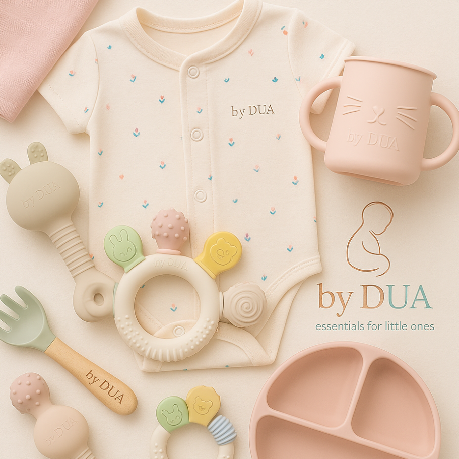 Bunte Babyartikel: Bodysuit, Geschirr, Greifspielzeug und Löffel. by DUA Babybedarf Bunte Babyartikel: Bodysuit, Geschirr, Greifspielzeug und Löffel. by DUA Babybedarf