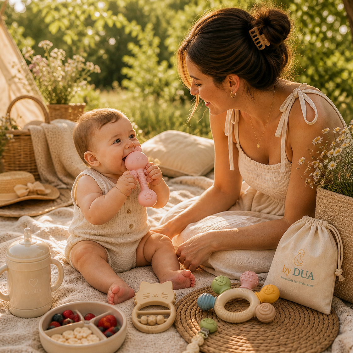 Mama mit Baby und Silikon-Beißring von by DUA Mama mit Baby und Silikon-Beißring von by DUA Babyartikel und Babyprodukte, Silikon Artikel für Babys