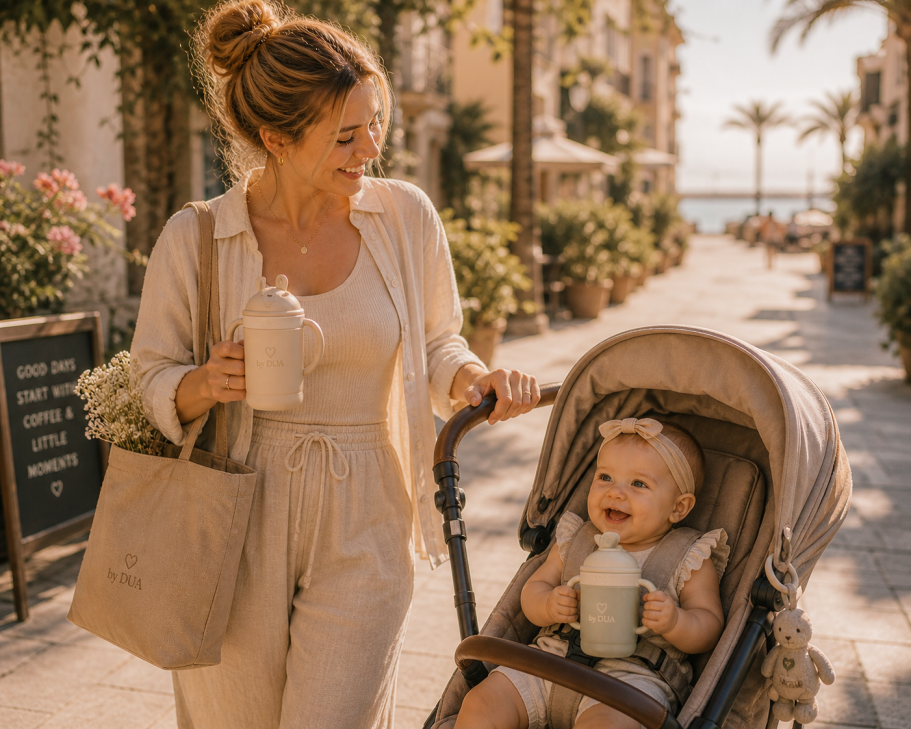 Bunte Babyartikel: Bodysuit, Geschirr, Greifspielzeug und Löffel. by DUA Babybedarf Bunte Babyartikel: Bodysuit, Geschirr, Greifspielzeug und Löffel. by DUA Babybedarf
