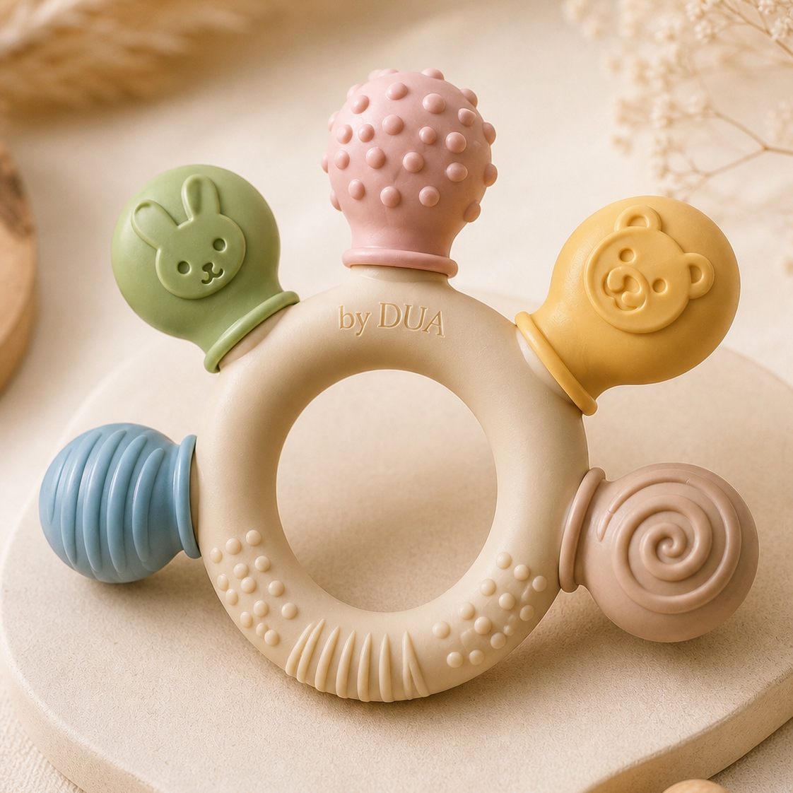 Babyprodukte von by DUA Hand hält einen runden, rosa Silikon Beißring und ein Spielzeug mit Hasenohren. Marke by DUA. Baby Beißring